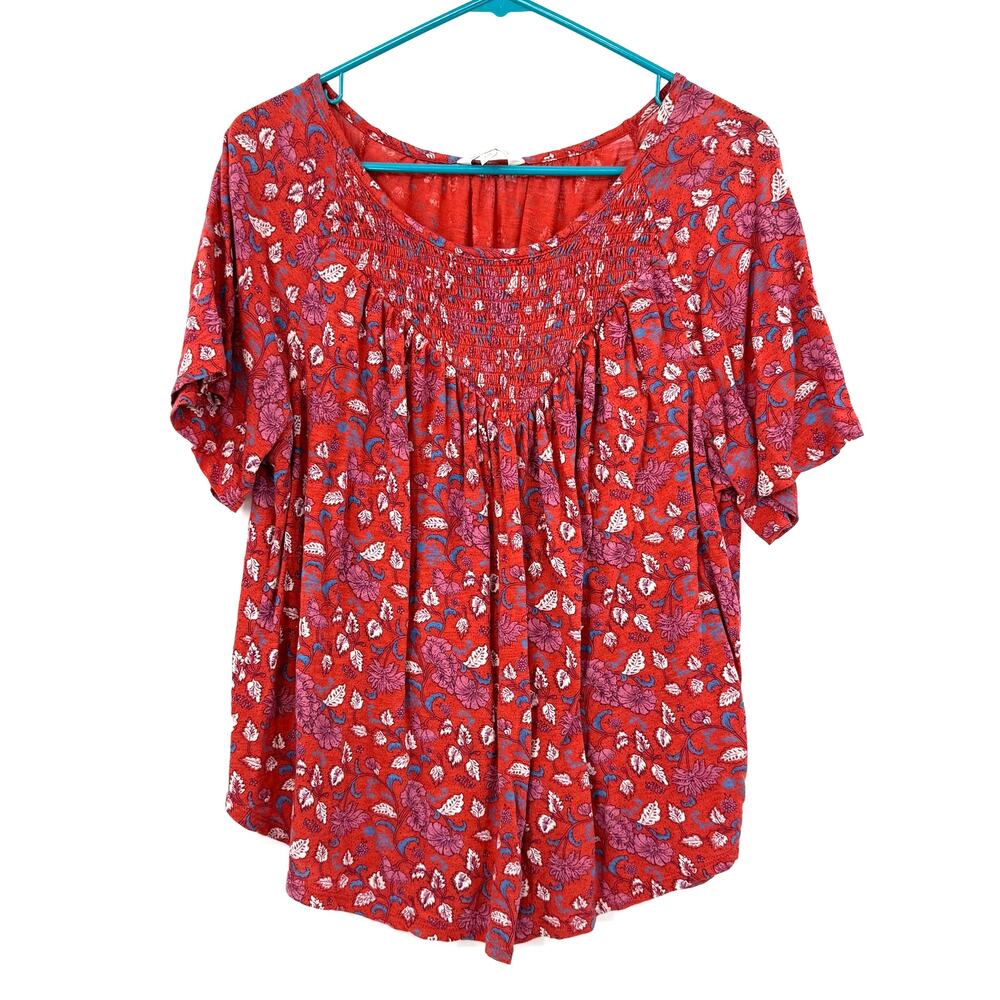 Lucky Brand Size Large Short Sleeve Shirt Top Blouse Red Floral Loose Fit Flowy
